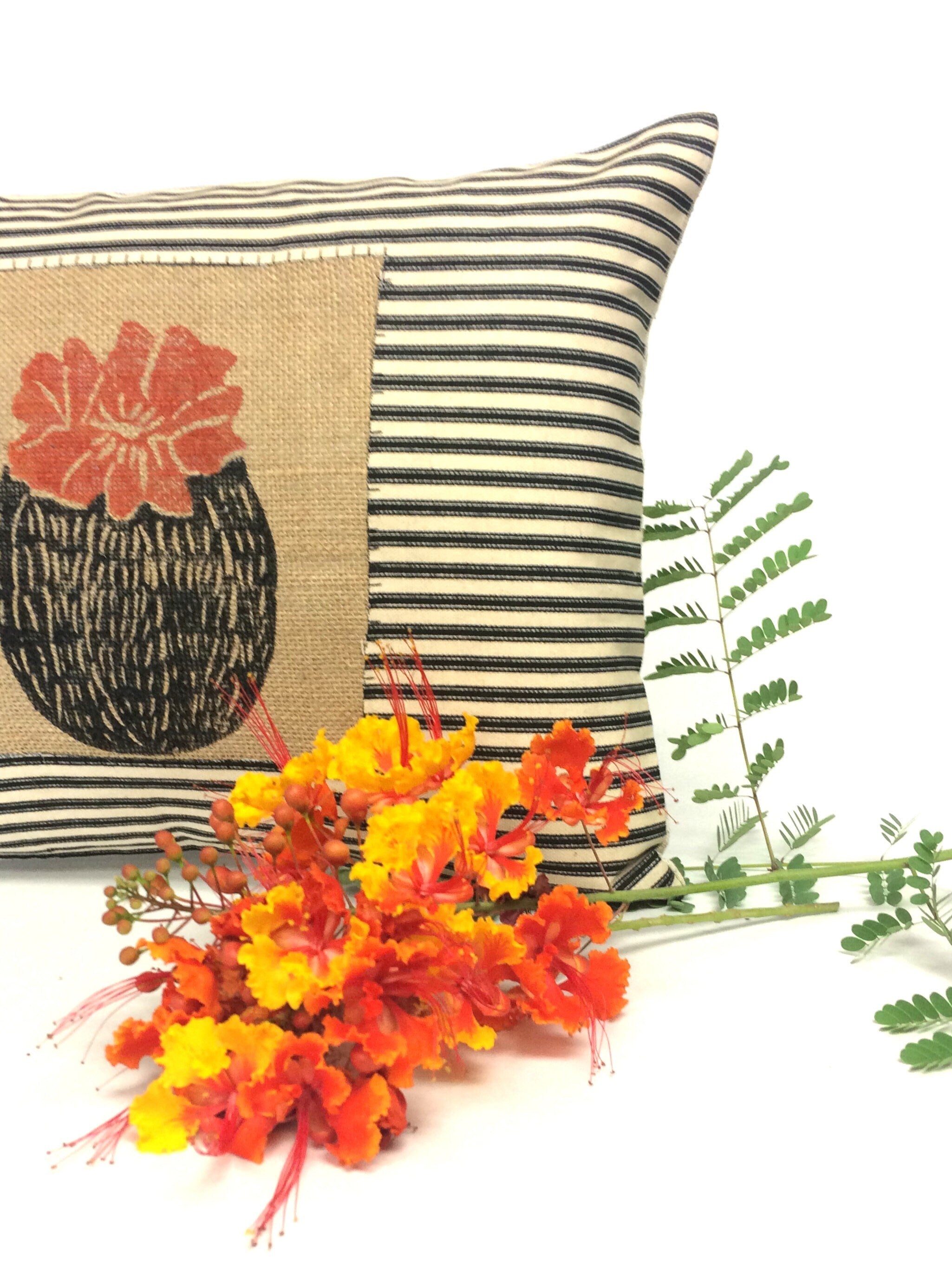 Hand Printed Barrel Cactus Pillow: Striped Cotton & Burlap