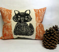 Woodland Fox Pillow: Hand Carved Print, Rustic Cabin Decor