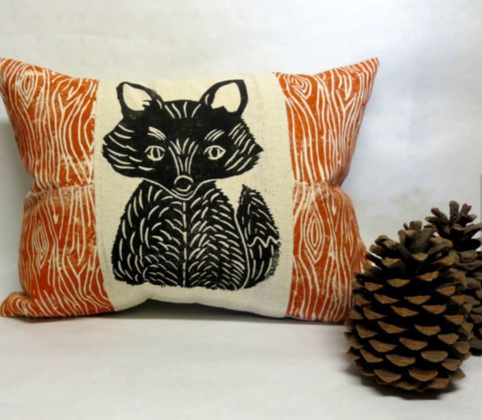 Woodland Fox Pillow: Hand Carved Print, Rustic Cabin Decor