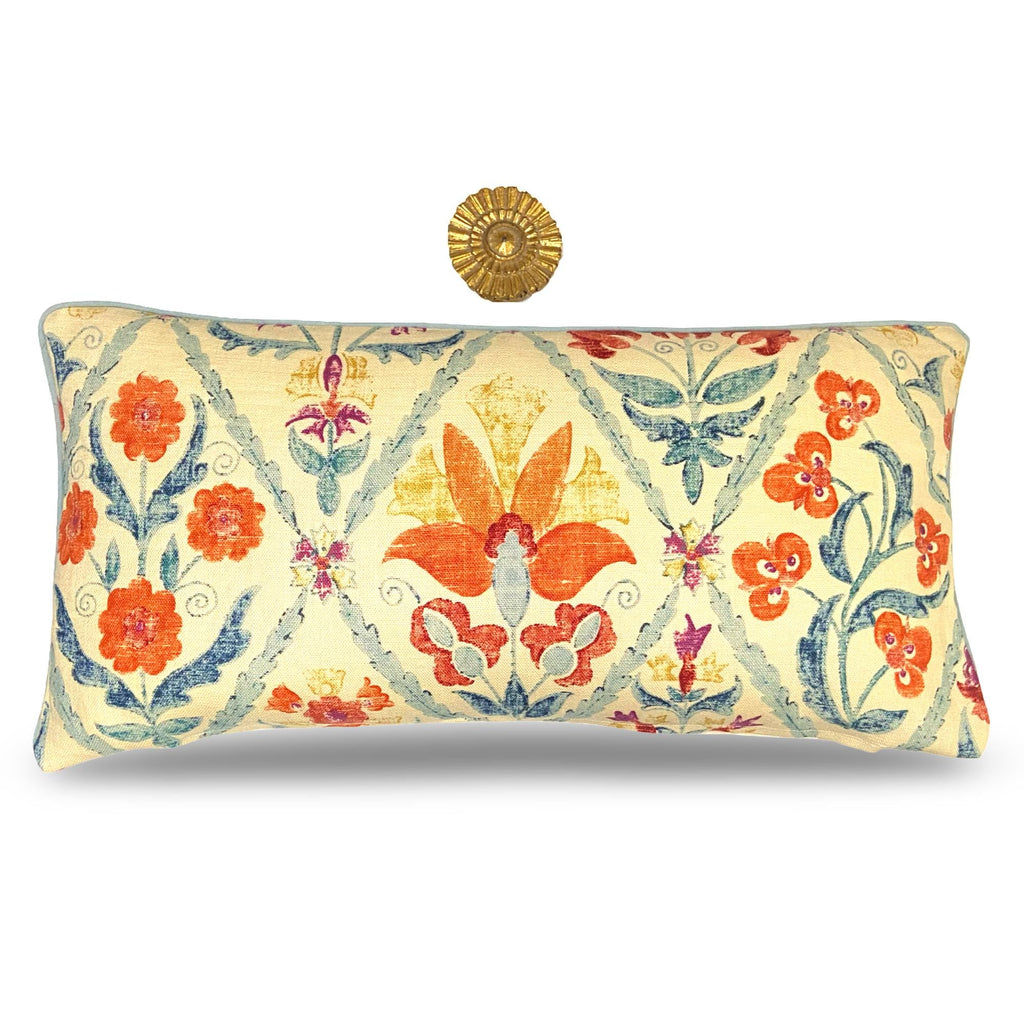 Oscar de la Renta Linen Kidney Pillow: Orange Aqua Floral Trellis, 12x24