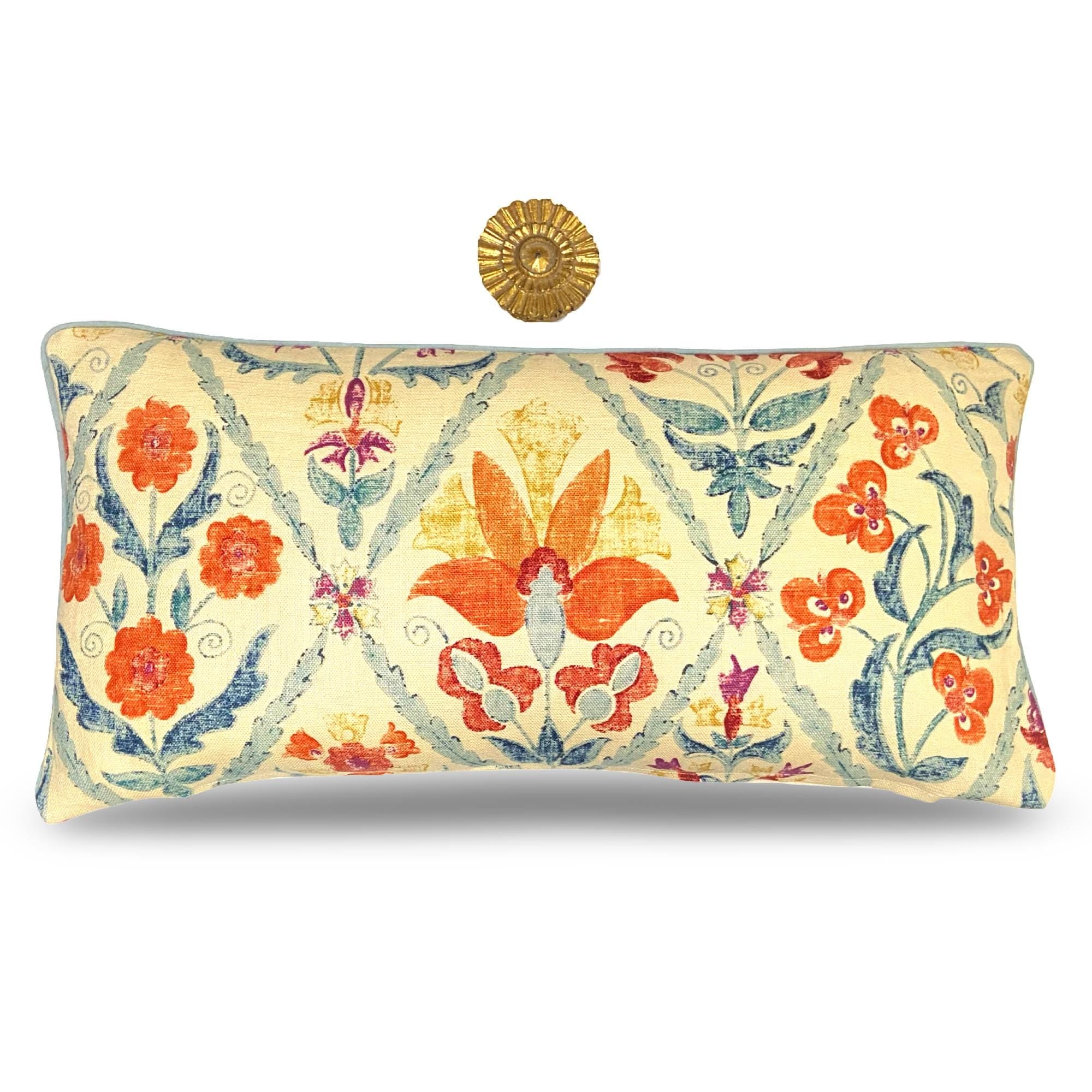 Oscar de la Renta Linen Kidney Pillow: Orange Aqua Floral Trellis, 12x24