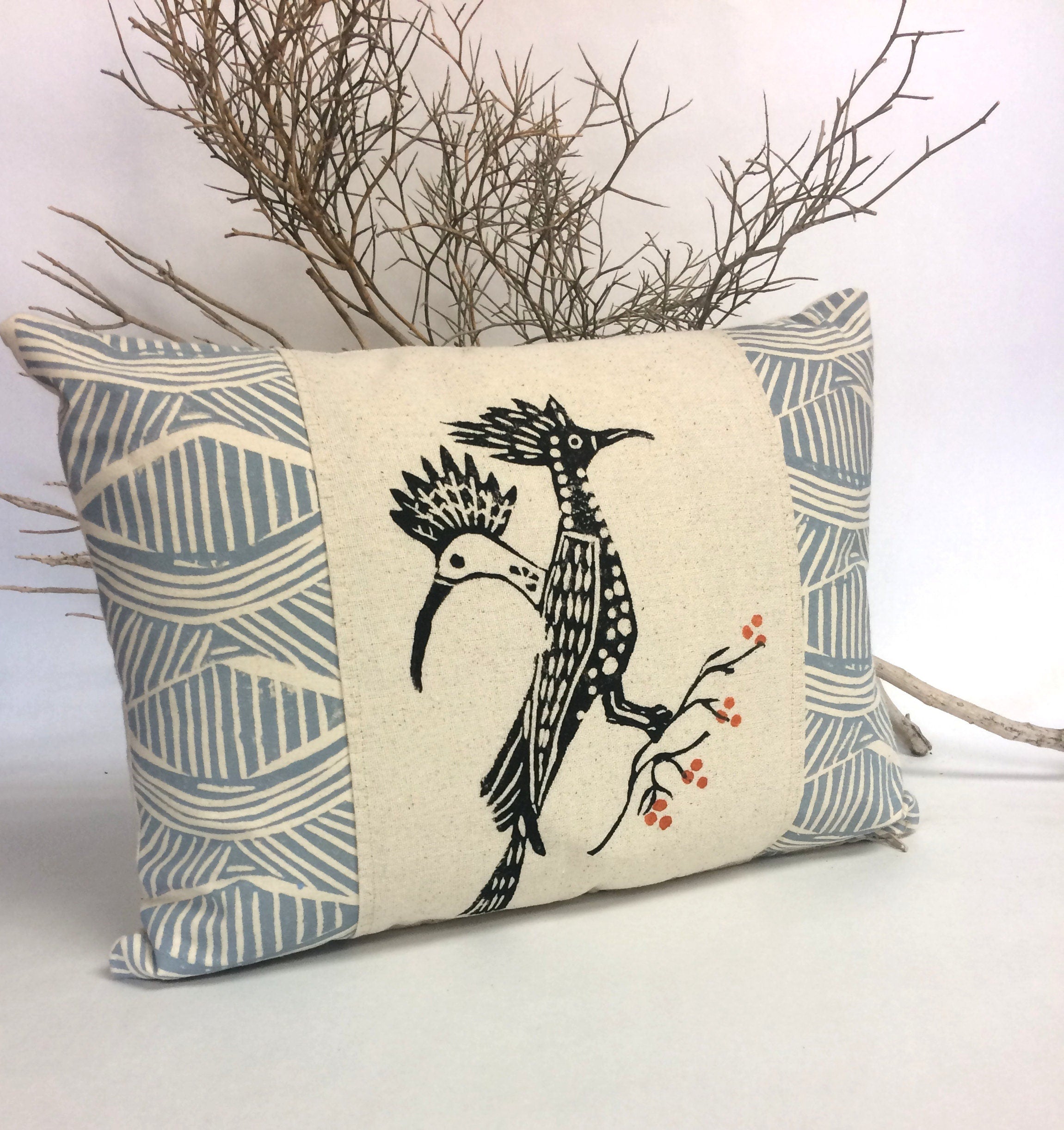 Vintage Roadrunner Print Kidney Pillow: Hand Block Printed Tribal Decor