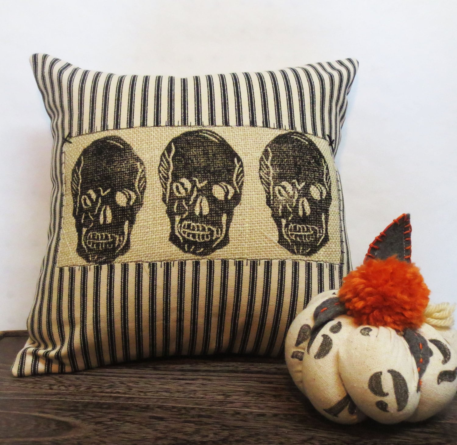 Skull Throw Pillow: Black & Ivory Ticking Stripe, Reverse Applique
