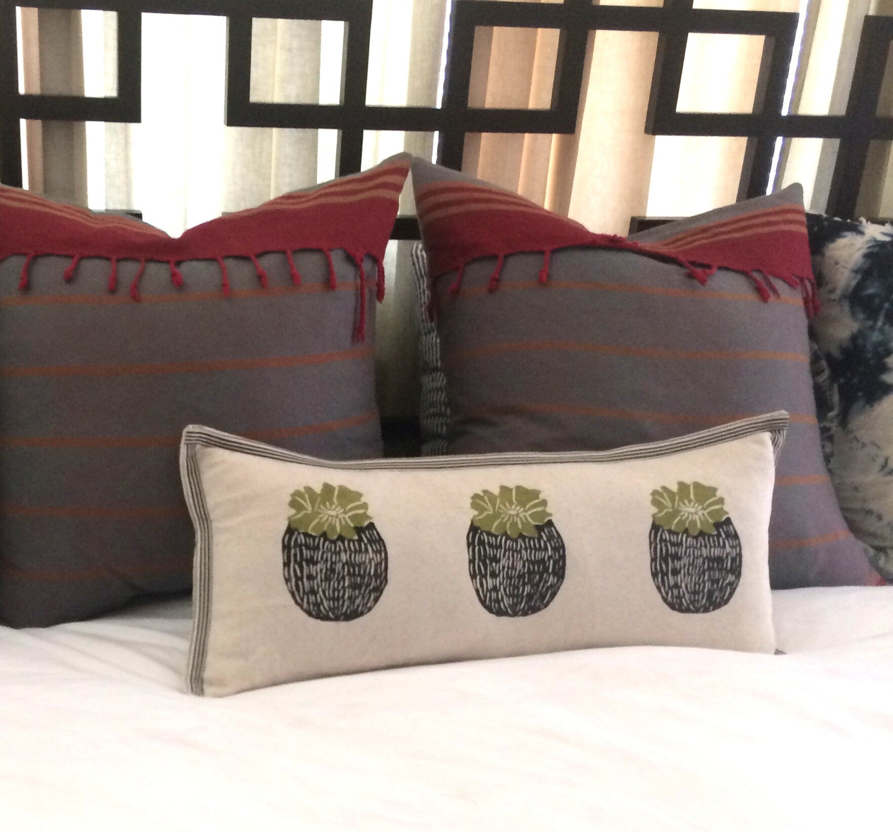 Barrel Cactus Print Kidney Pillow: Hand Block Printed Decorative Pillow