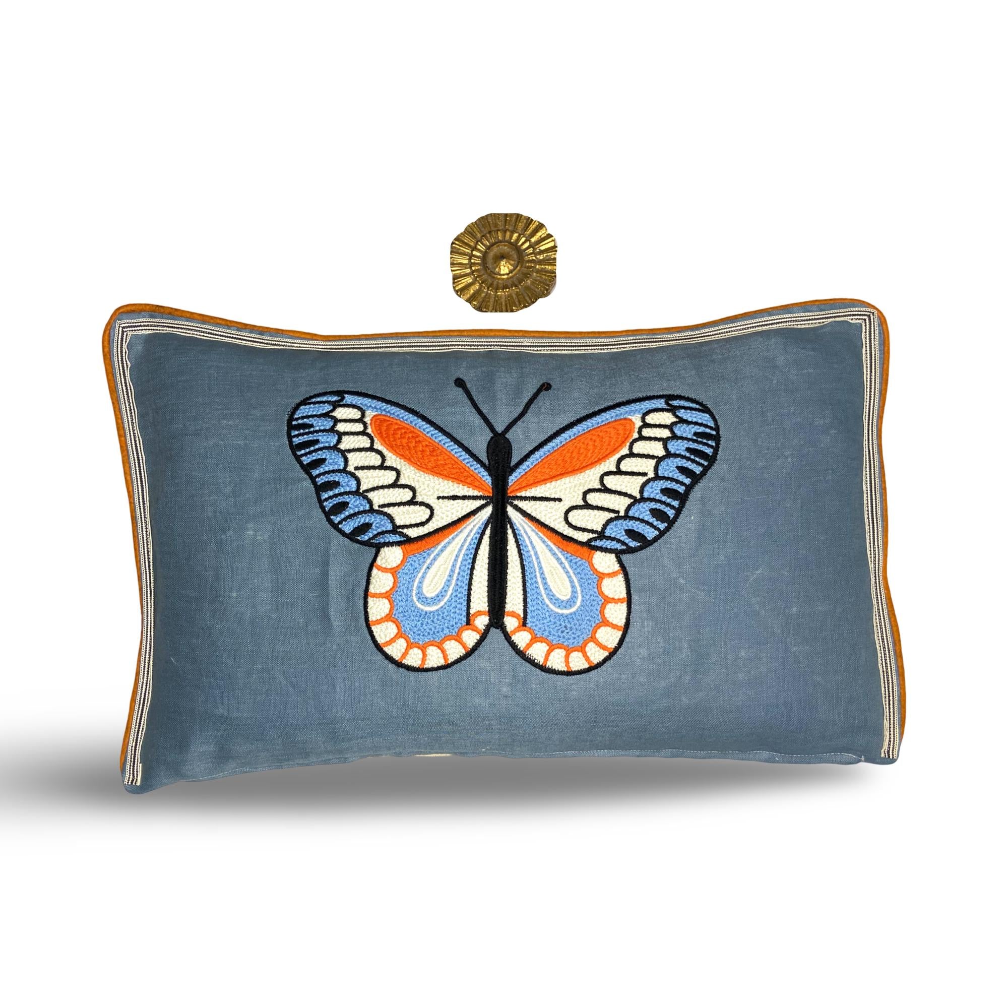 Blue Linen Beetle Embroidery Pillow - Insect Decorative Pillow