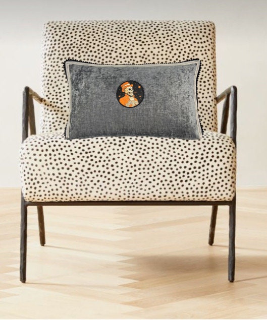 Halloween Chenille Lumbar Pillow: Steampunk Skeleton Skull Embroidery