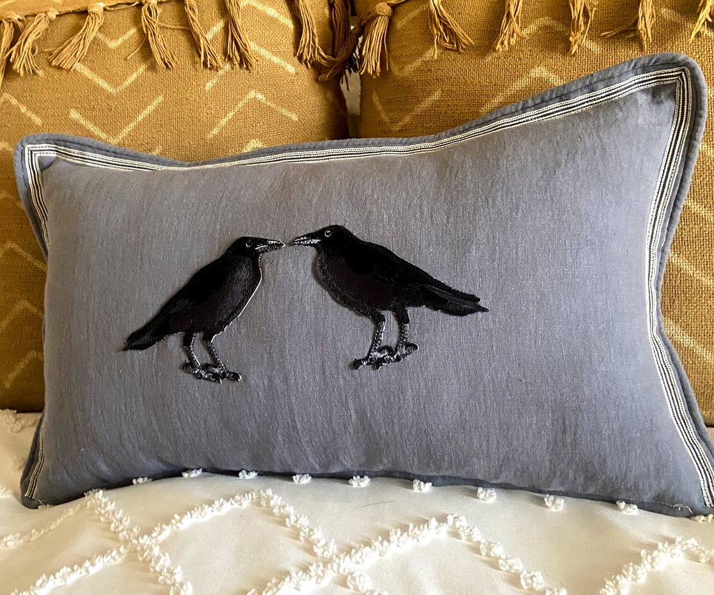 Slate Blue Embroidered Crow Raven Bird Linen Pillow