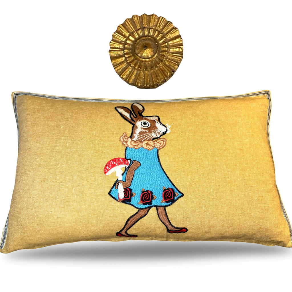 Rabbit Embroidery Pillow: Whimsical Linen Woodland Cushion