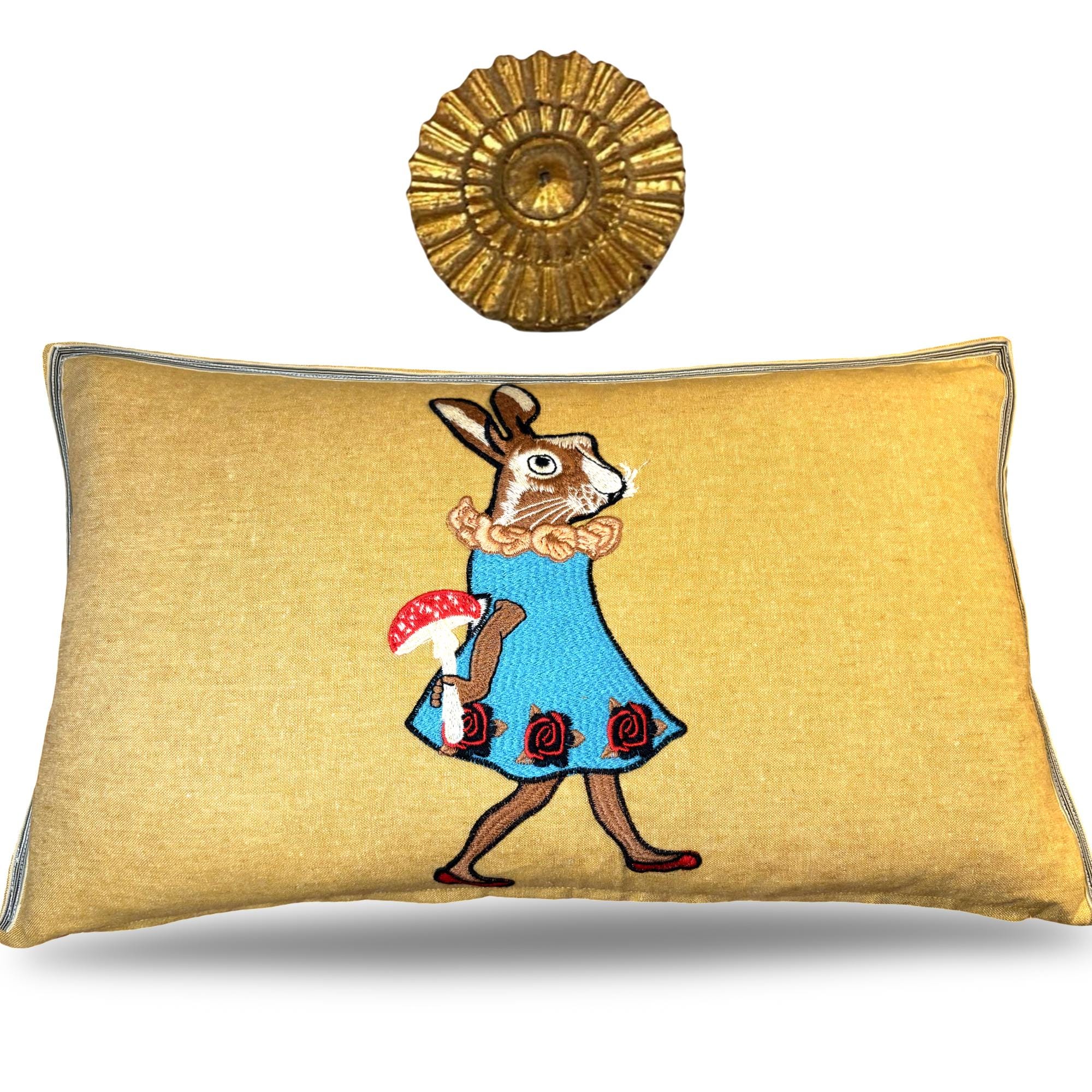 Rabbit Embroidery Pillow: Whimsical Linen Woodland Cushion