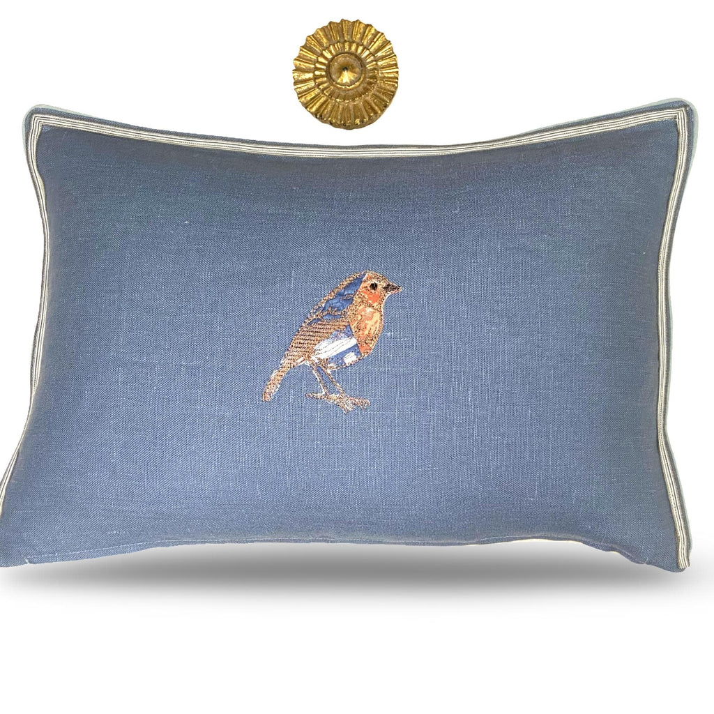 Embroidered Bird Linen Pillow: Slate Blue & Orange Accent