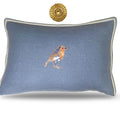 Embroidered Bird Linen Pillow: Slate Blue & Orange Accent