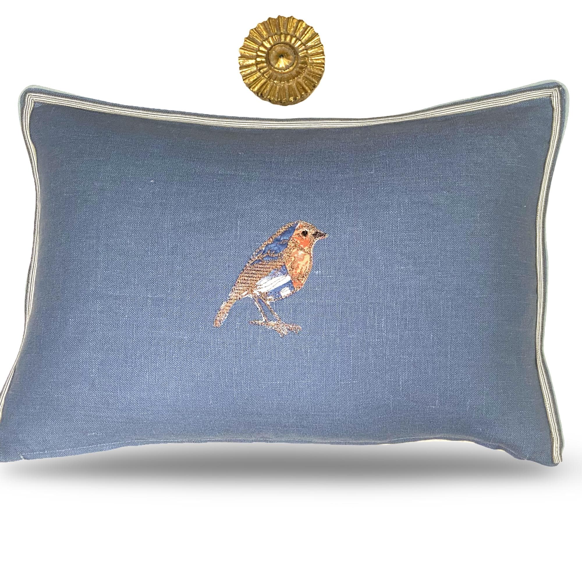 Embroidered Bird Linen Pillow: Slate Blue & Orange Accent