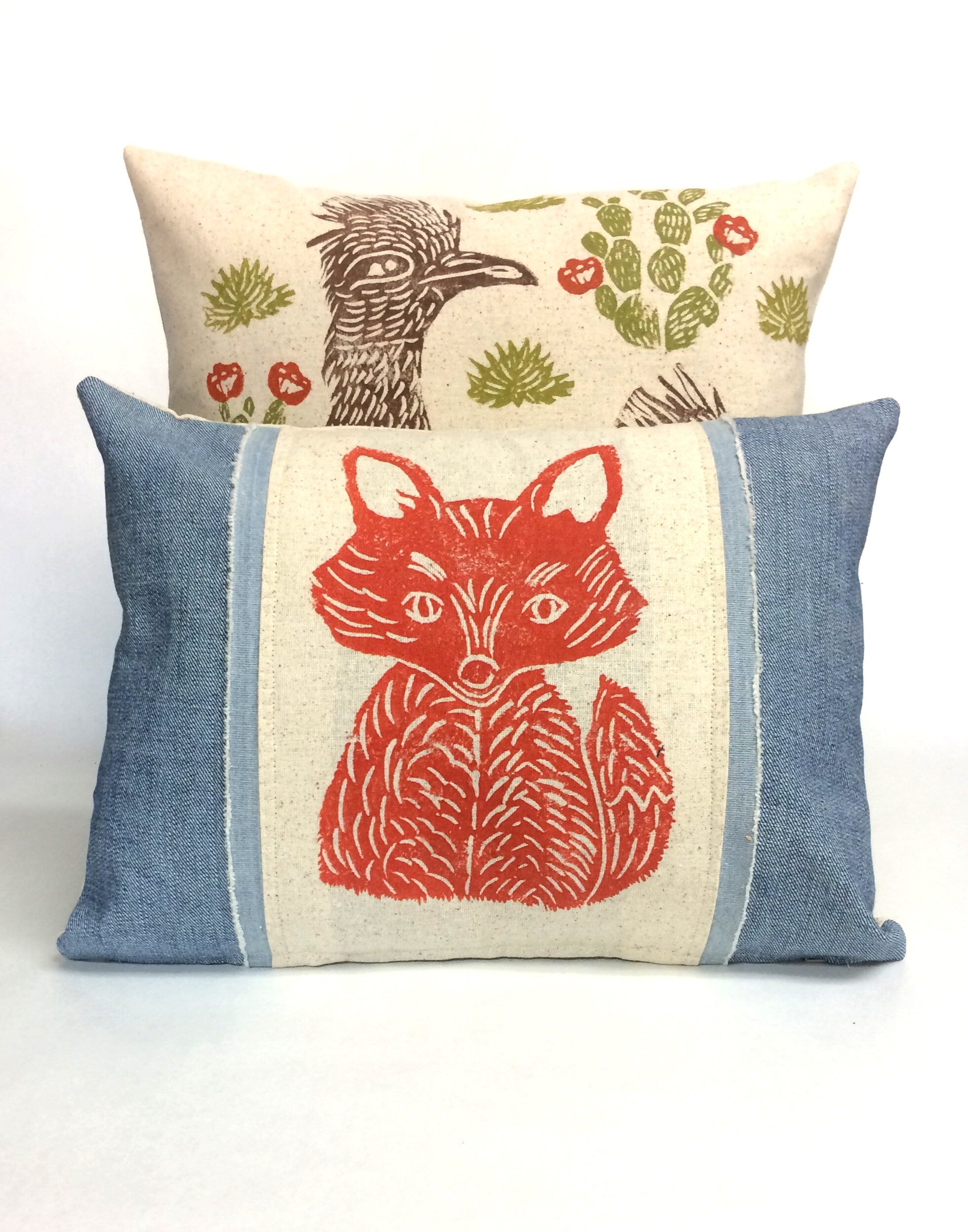 Roadrunner Cactus Print Pillow: Hand Block Printed Desert Decor