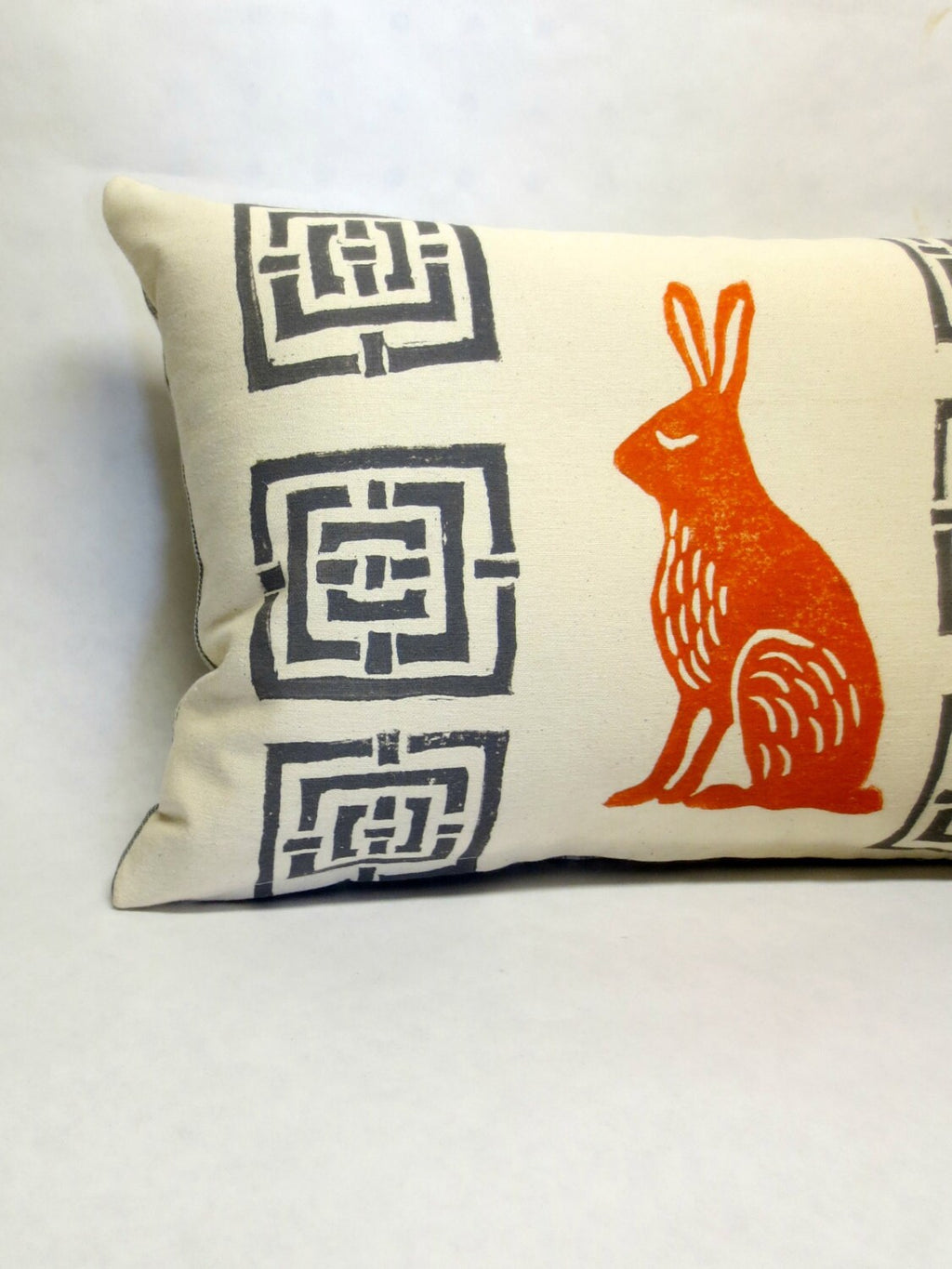 Mid Century Rabbit Pillow: Orange Hare Block Print