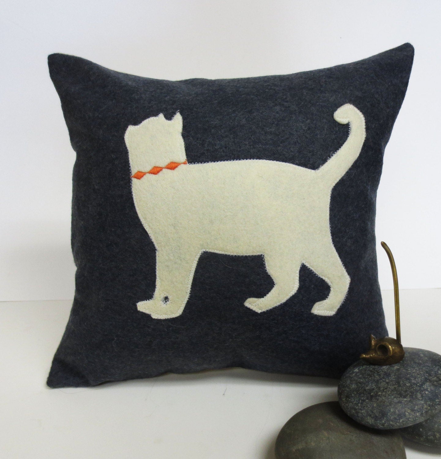 White Cat Silhouette Pillow - Felt Throw Pillow Cushion