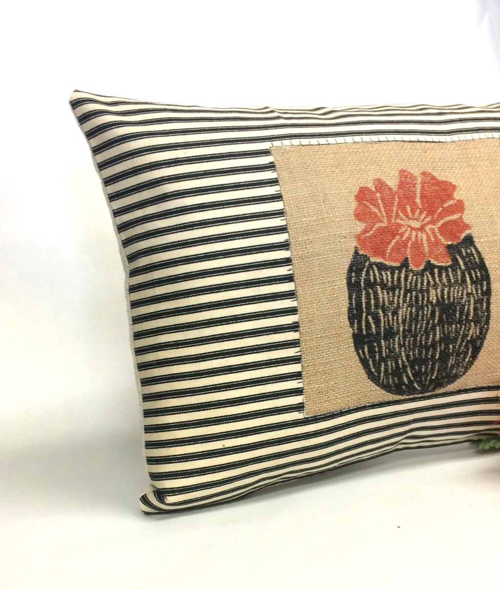 Hand Printed Barrel Cactus Pillow: Striped Cotton & Burlap
