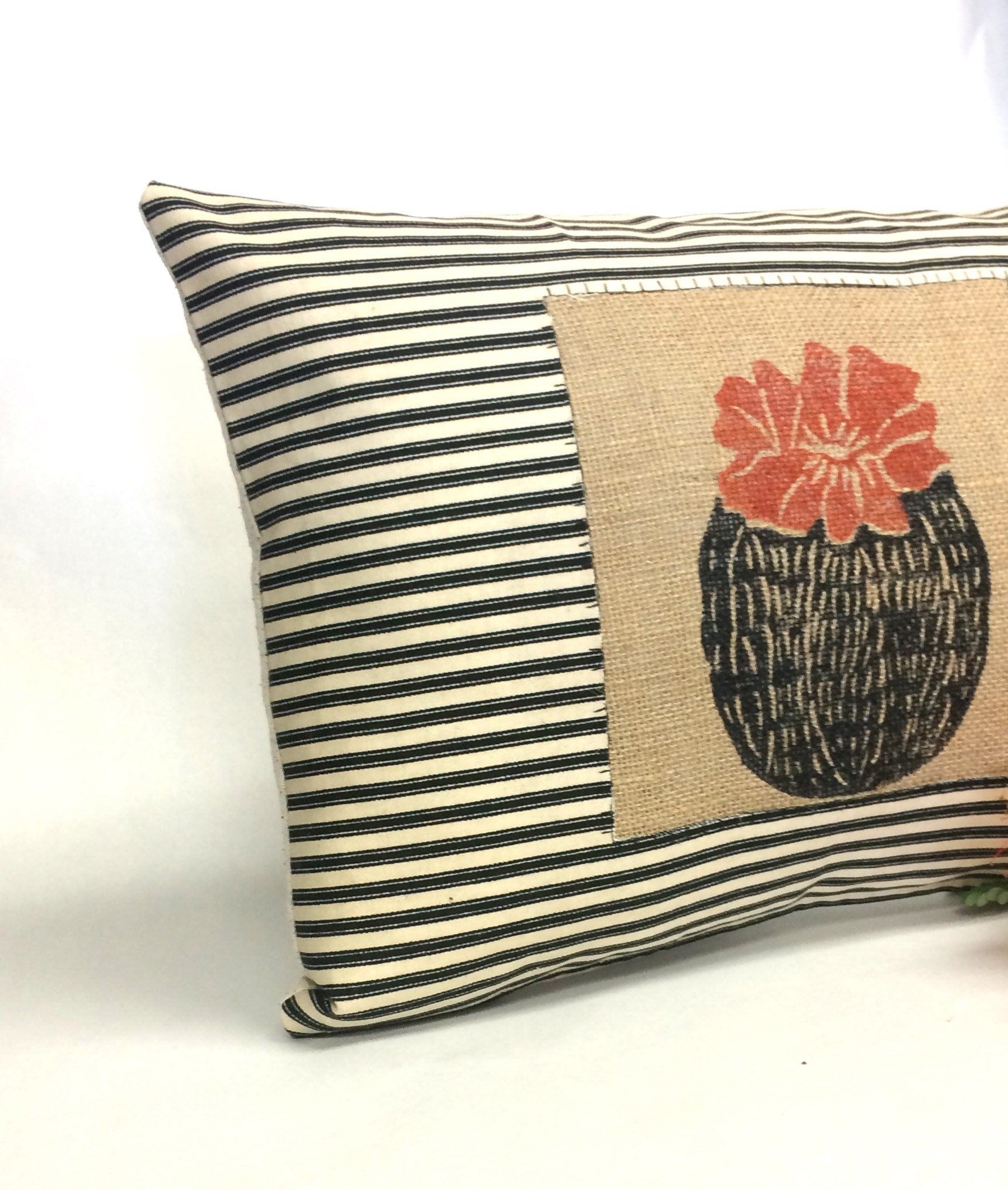 Hand Printed Barrel Cactus Pillow: Striped Cotton & Burlap
