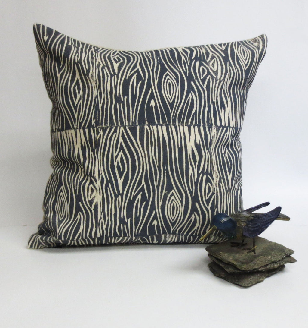 Hand Printed Wood Grain Pillow - Grey Wood Print - Woodland Collection
