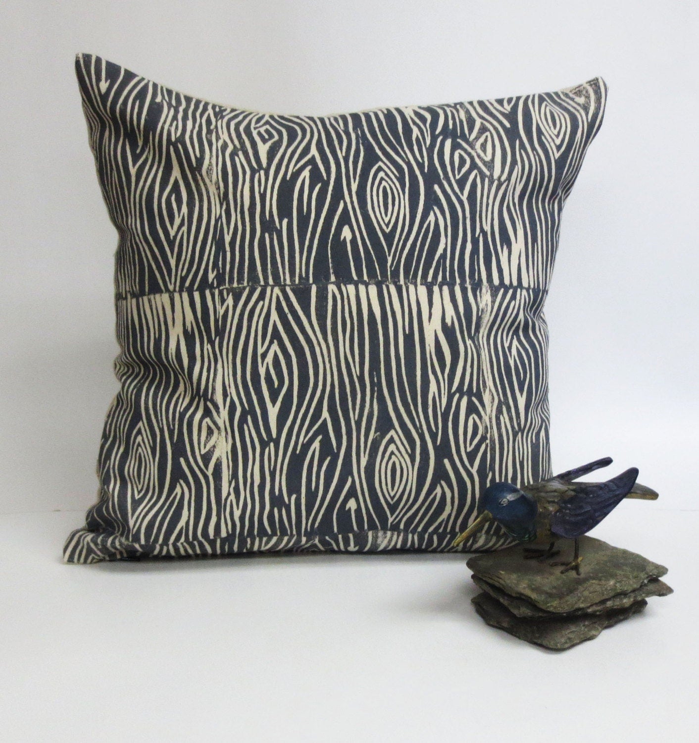 Hand Printed Wood Grain Pillow - Grey Wood Print - Woodland Collection
