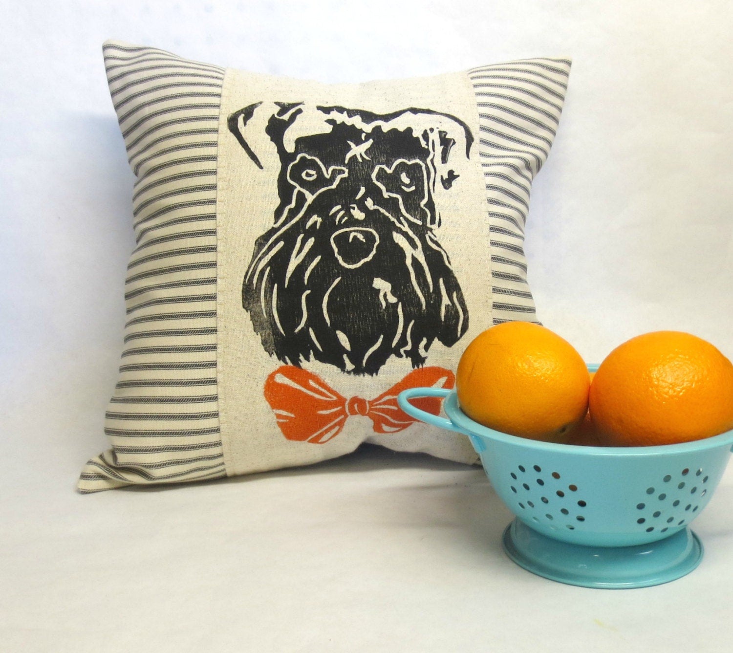 Hand Block Printed Schnauzer Pillow: Striped Ticking Fabric, Bow Tie Accent