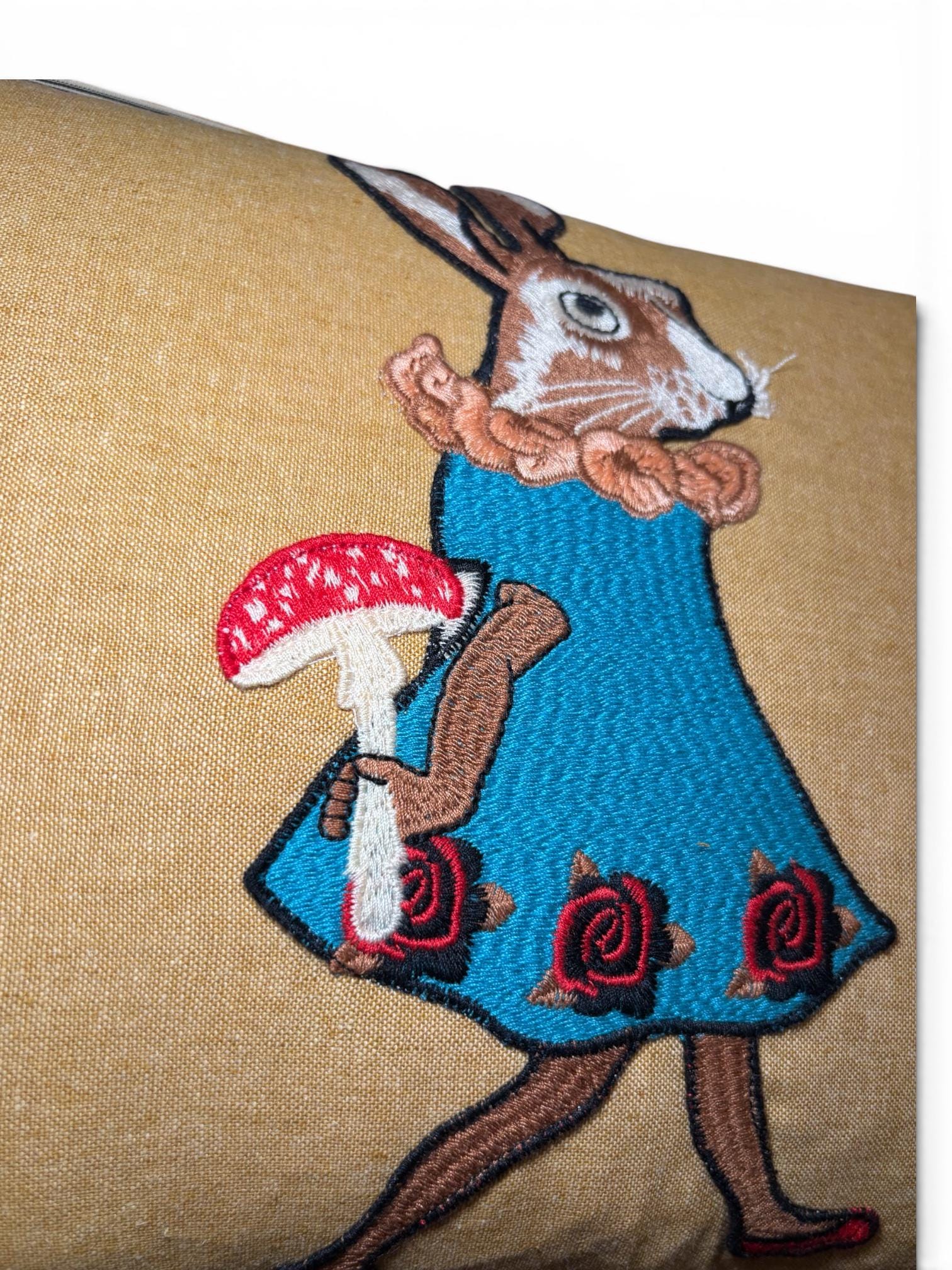 Rabbit Embroidery Pillow: Whimsical Linen Woodland Cushion