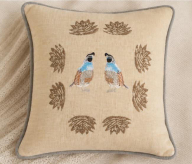 Embroidered Blue Quail Bird Linen Pillow – Desert Cactus Print Trim
