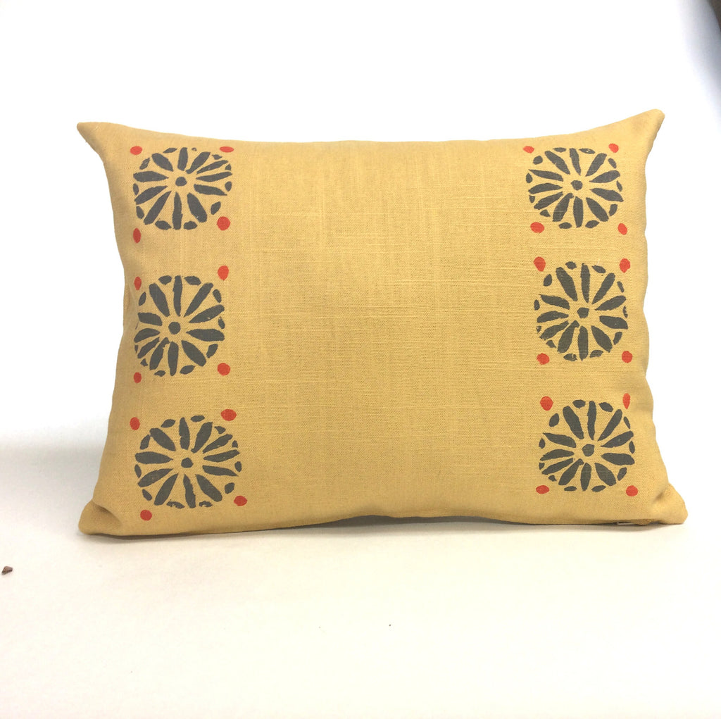 Hand Printed Linen Pillow: Mustard Geometric Block Print, Tuscan Style