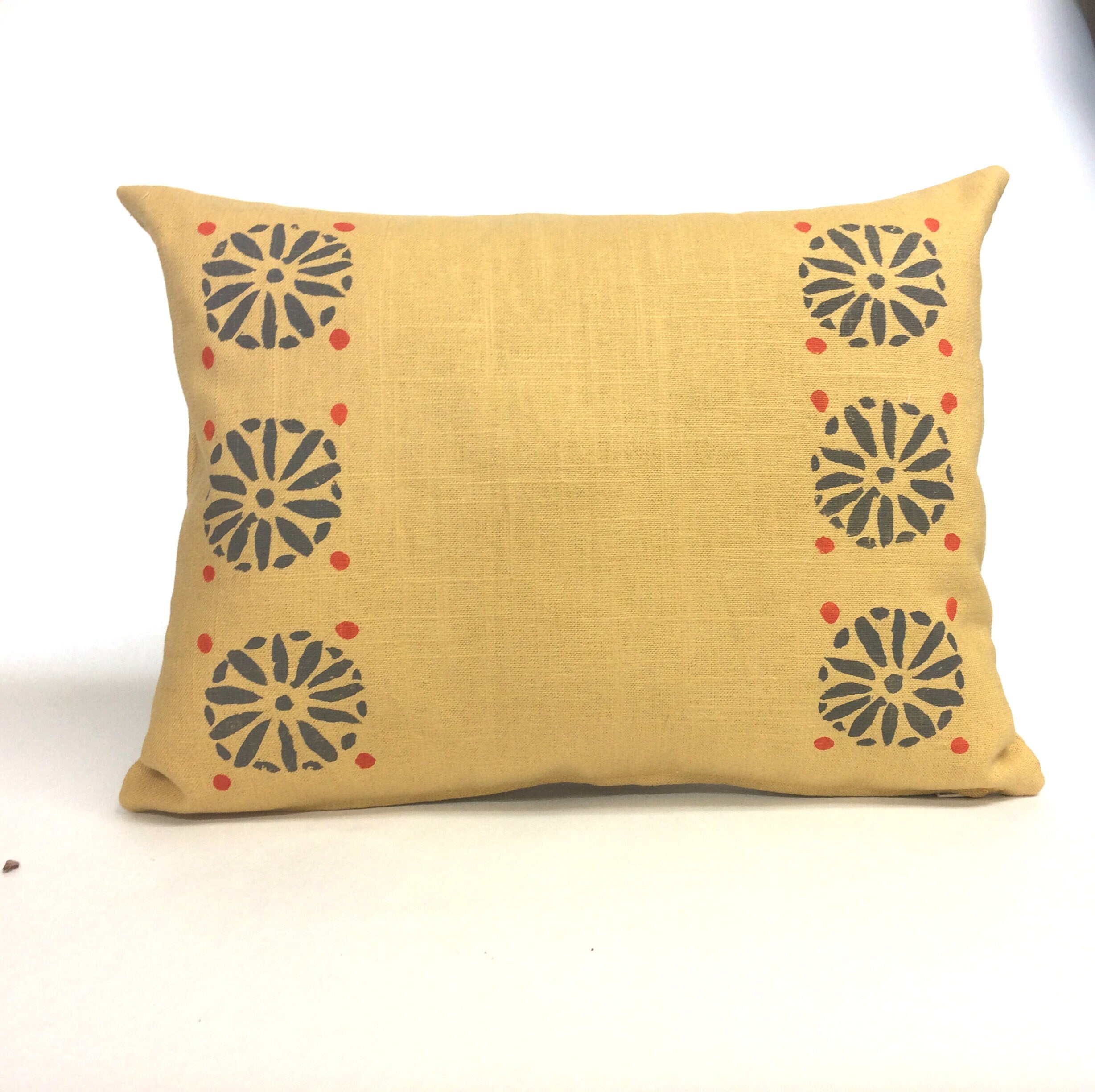 Hand Printed Linen Pillow: Mustard Geometric Block Print, Tuscan Style