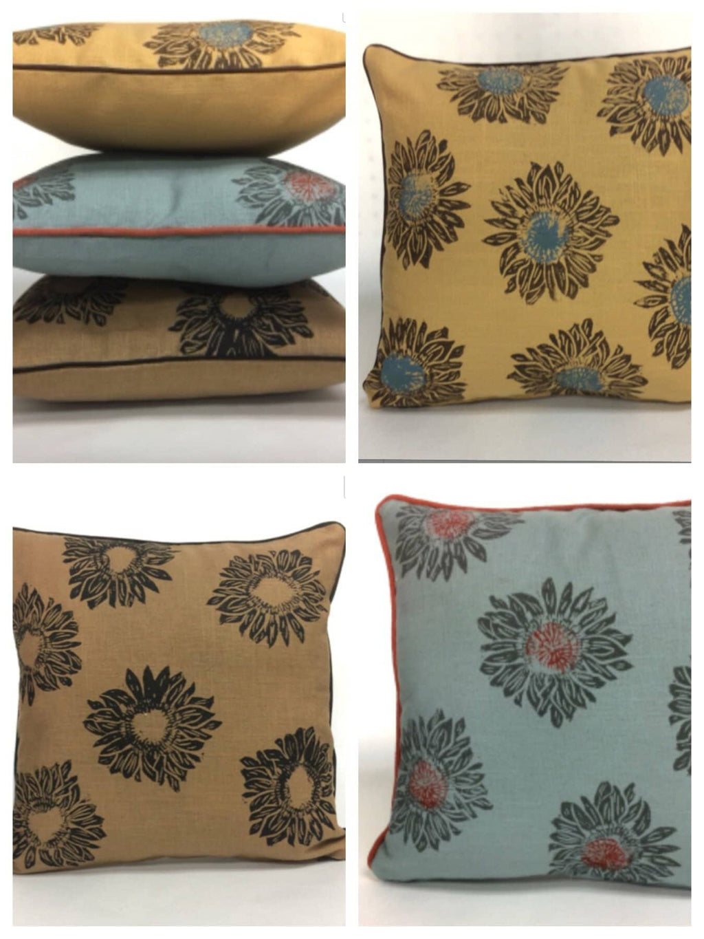 Hand Printed Sunflower Linen Pillow: Floral Home Decor