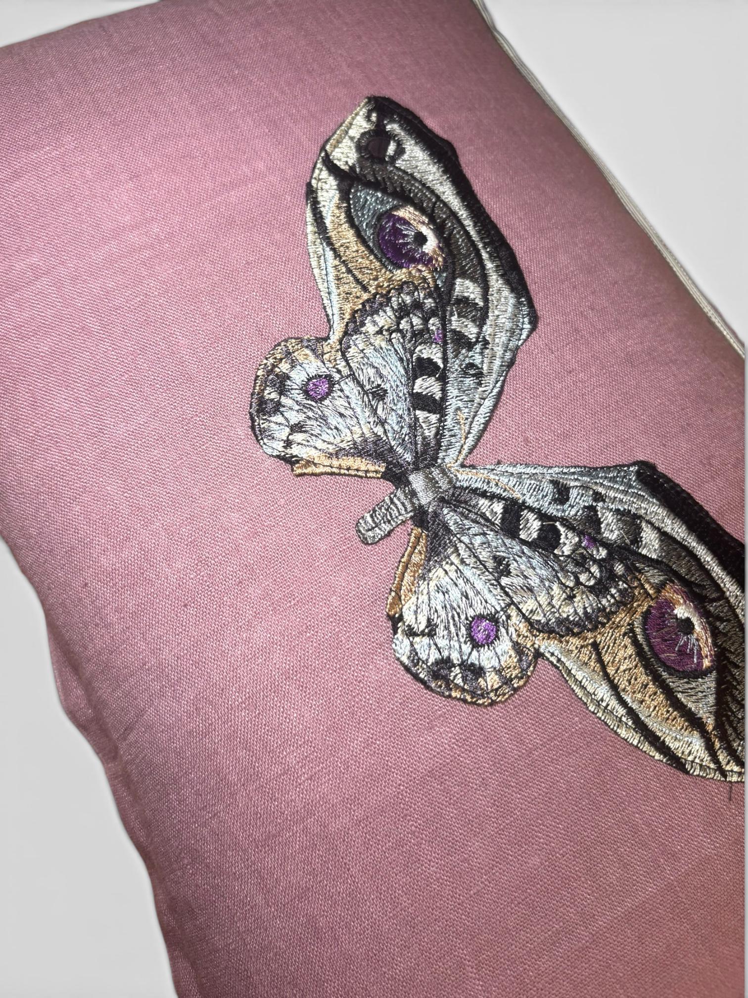 Butterfly Lavender Purple and Grey Embroidered  Linen Pillow - Embroidery Pillow