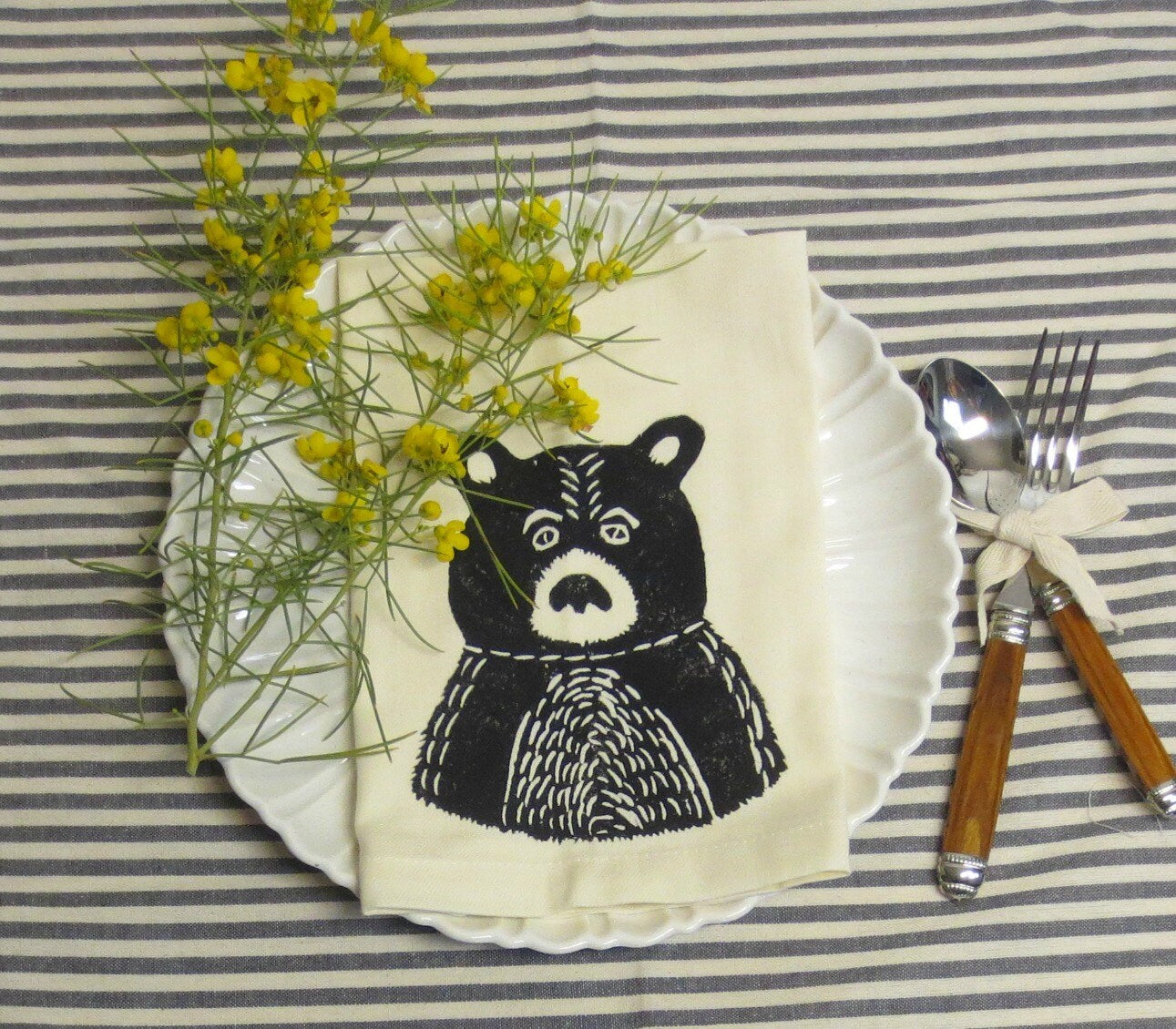 Hand Printed Bear Cotton Napkins - Rustic Black Print, Set of Four