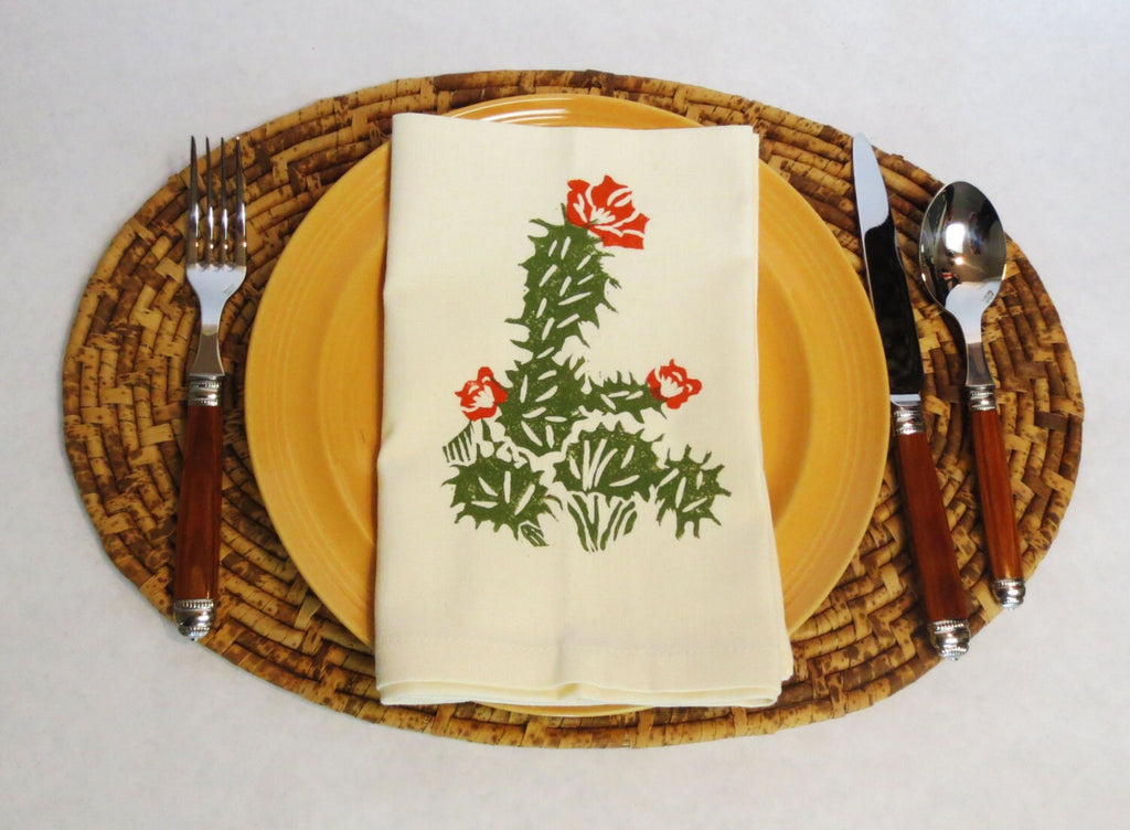 Hand Printed Cactus Napkins: Ivory Cotton Desert Table Linens, Set of 4