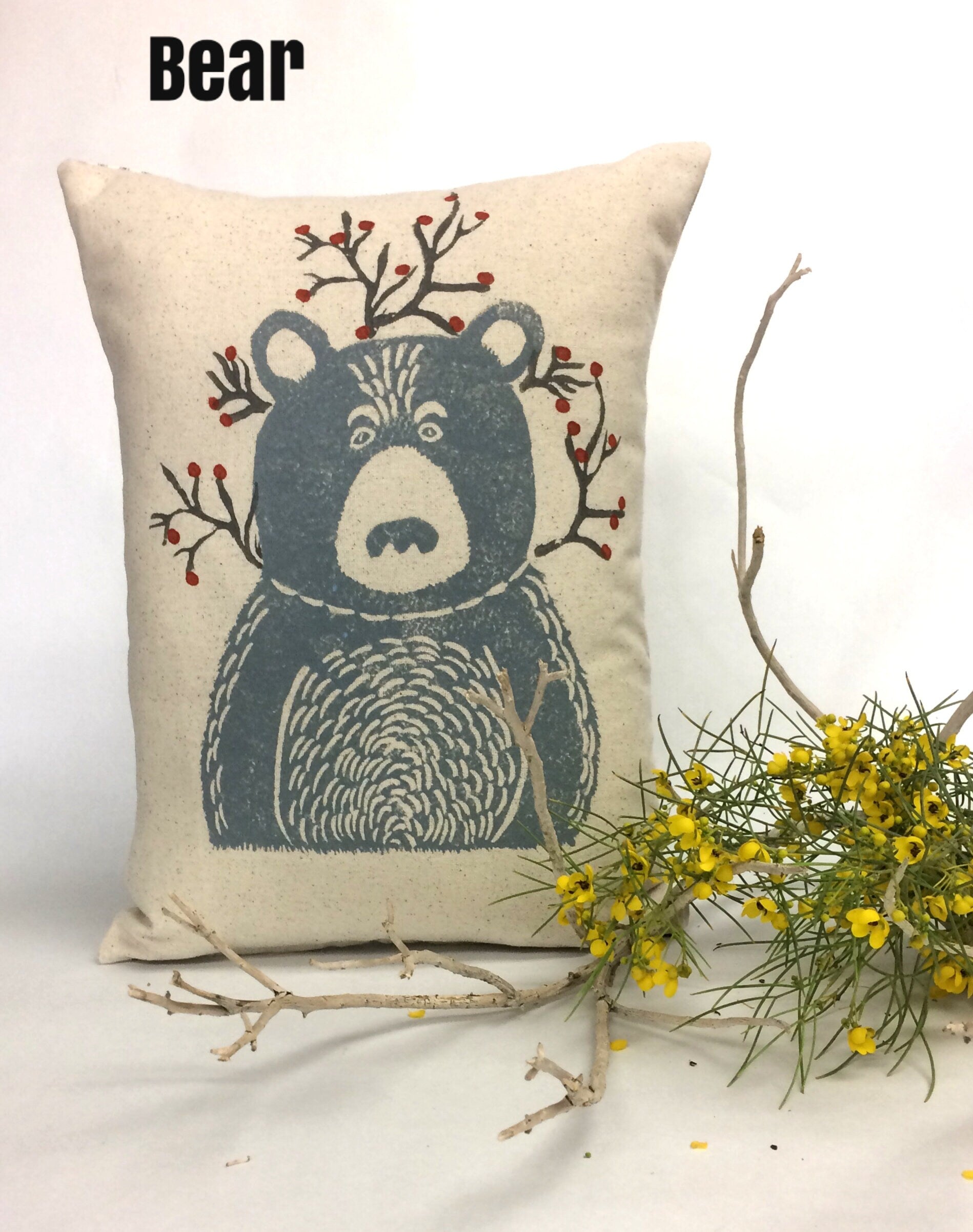 Hand Block Printed Woodland Animal Pillow: Rabbit or Bear Print