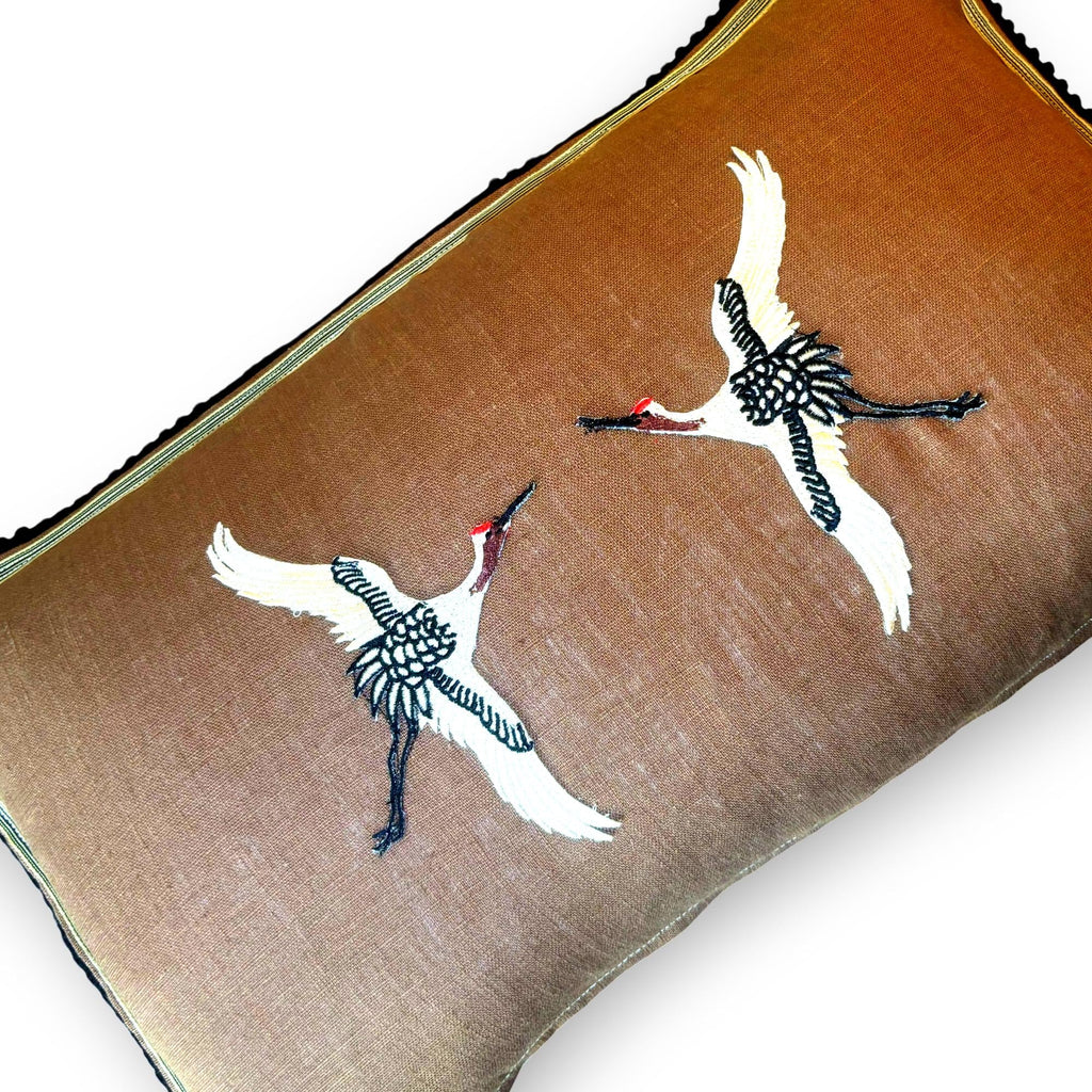 Embroidered Crane Linen Pillow: Caramel Brown, Black and Ivory Bird Applique
