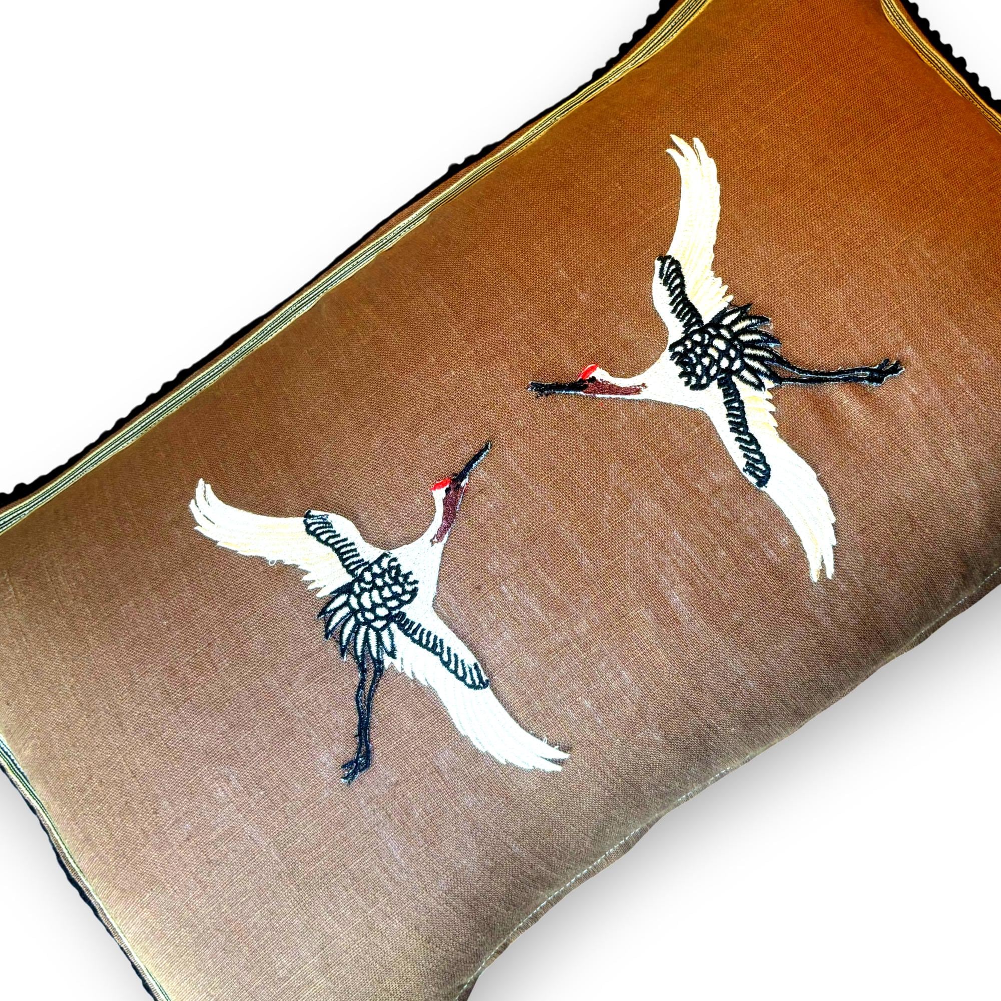 Embroidered Crane Linen Pillow: Caramel Brown, Black and Ivory Bird Applique