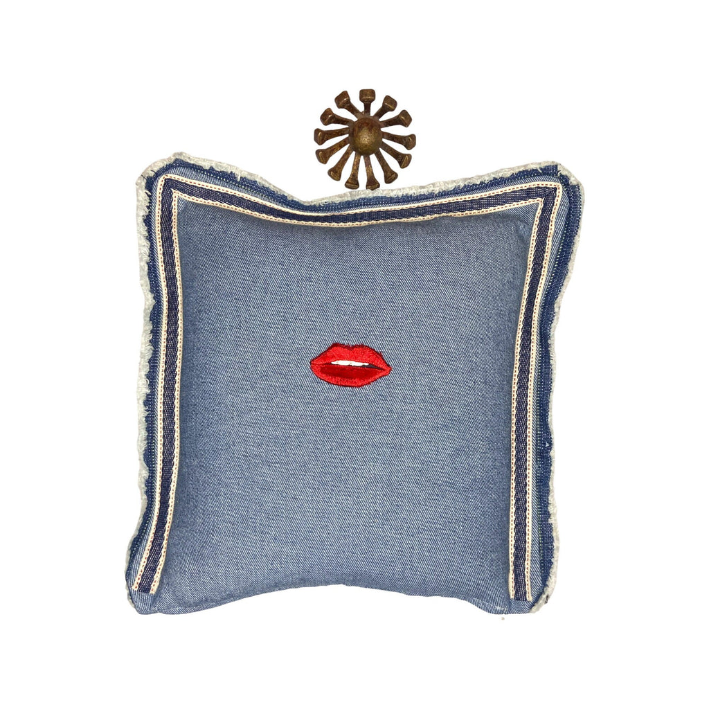 Denim Throw Pillow: Red Lips Embroidery, Raw Fringe Edge