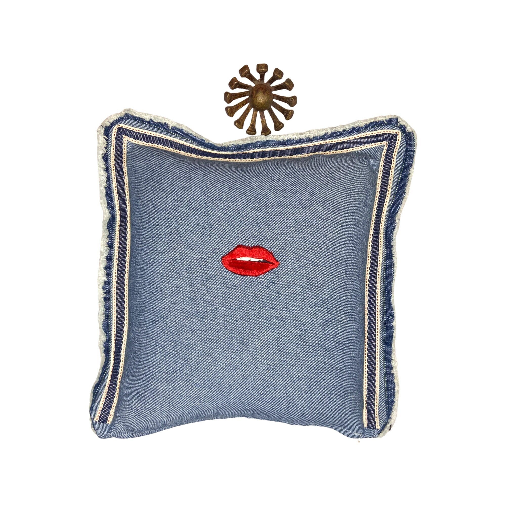 Denim Throw Pillow: Red Lips Embroidery, Raw Fringe Edge