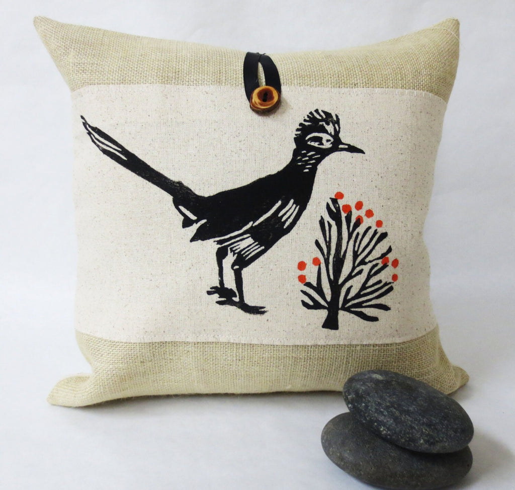 Roadrunner Pillow: Hand Block Printed Burlap Desert Bird Pillow