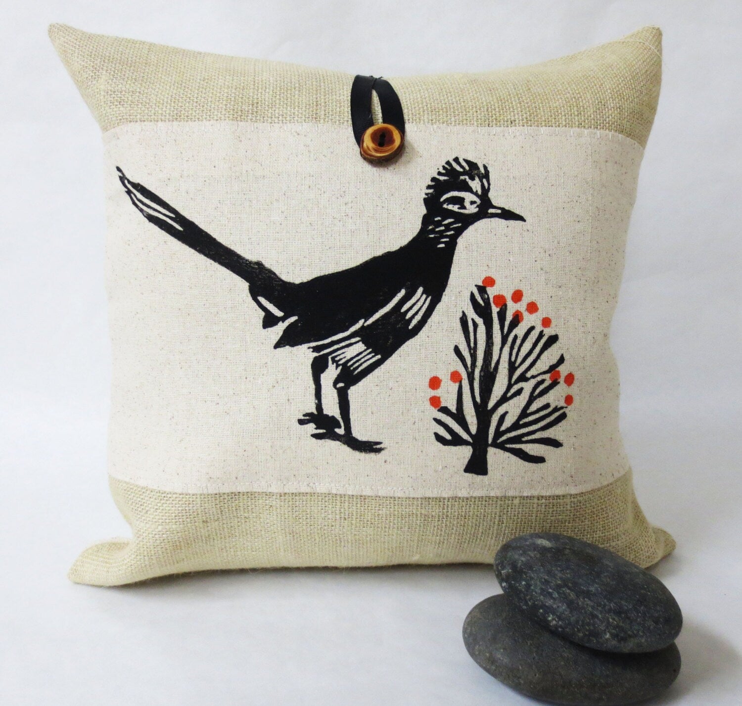 Roadrunner Pillow: Hand Block Printed Burlap Desert Bird Pillow