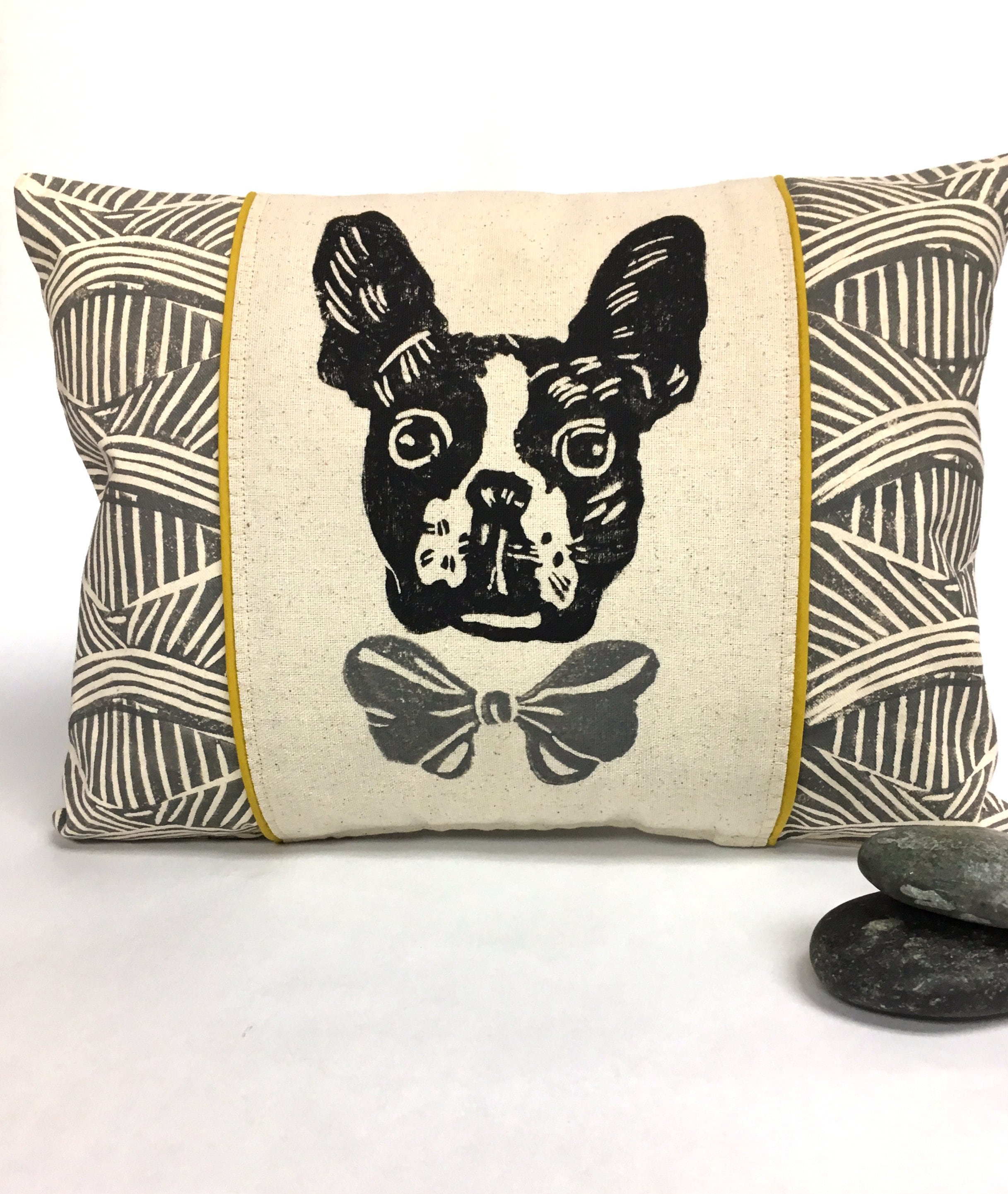 Boston Terrier Pillow: Hand-Printed Dog Portrait Decorative Pillow