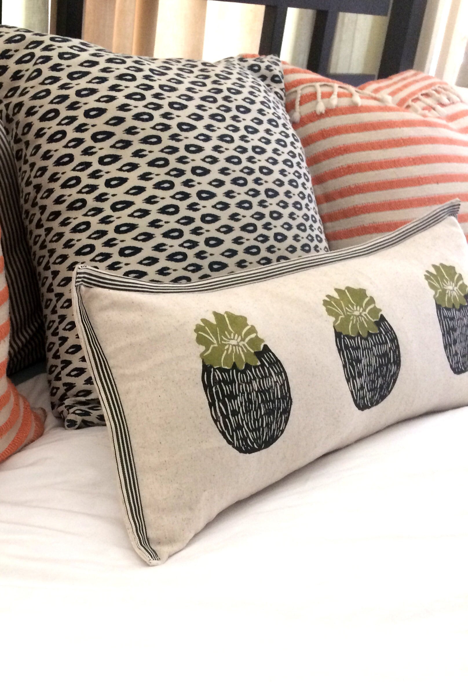 Barrel Cactus Print Kidney Pillow: Hand Block Printed Decorative Pillow