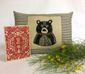 Hand Printed Bear Throw Pillow: Black Burlap, Embroidered Detail
