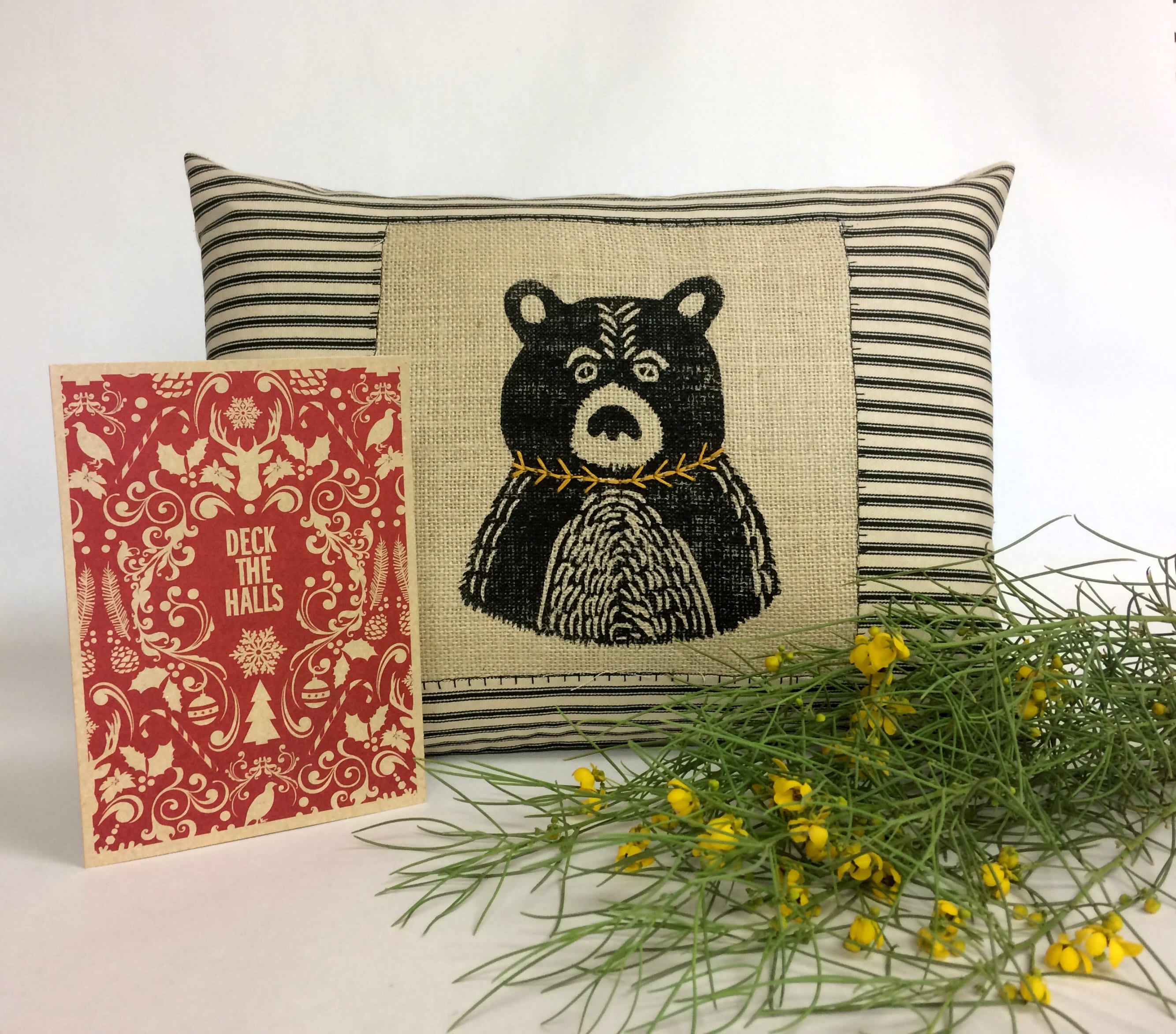 Hand Printed Bear Throw Pillow: Black Burlap, Embroidered Detail