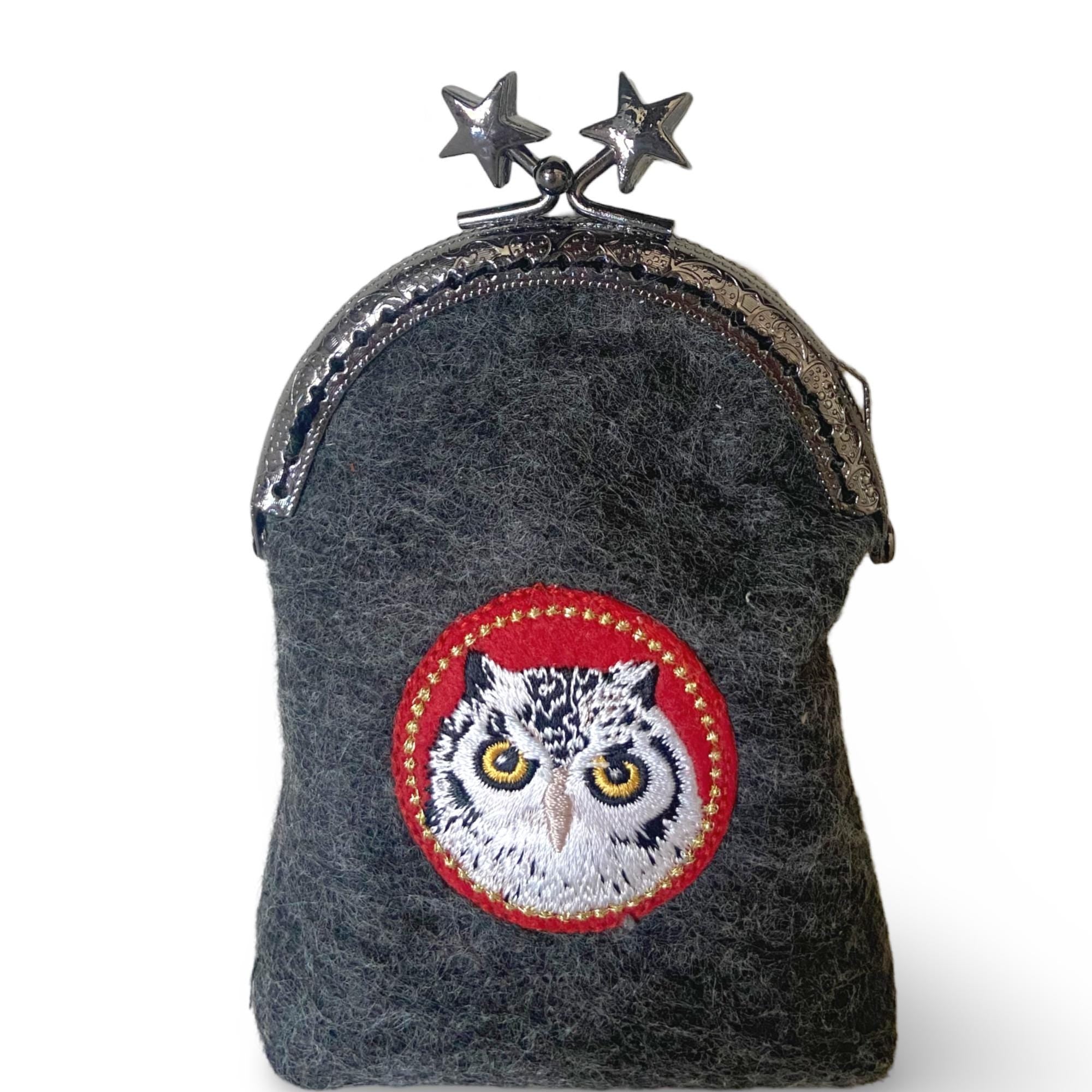 Handcrafted Felt Coin Purse: Embroidered Owl, Kiss Lock Closure
