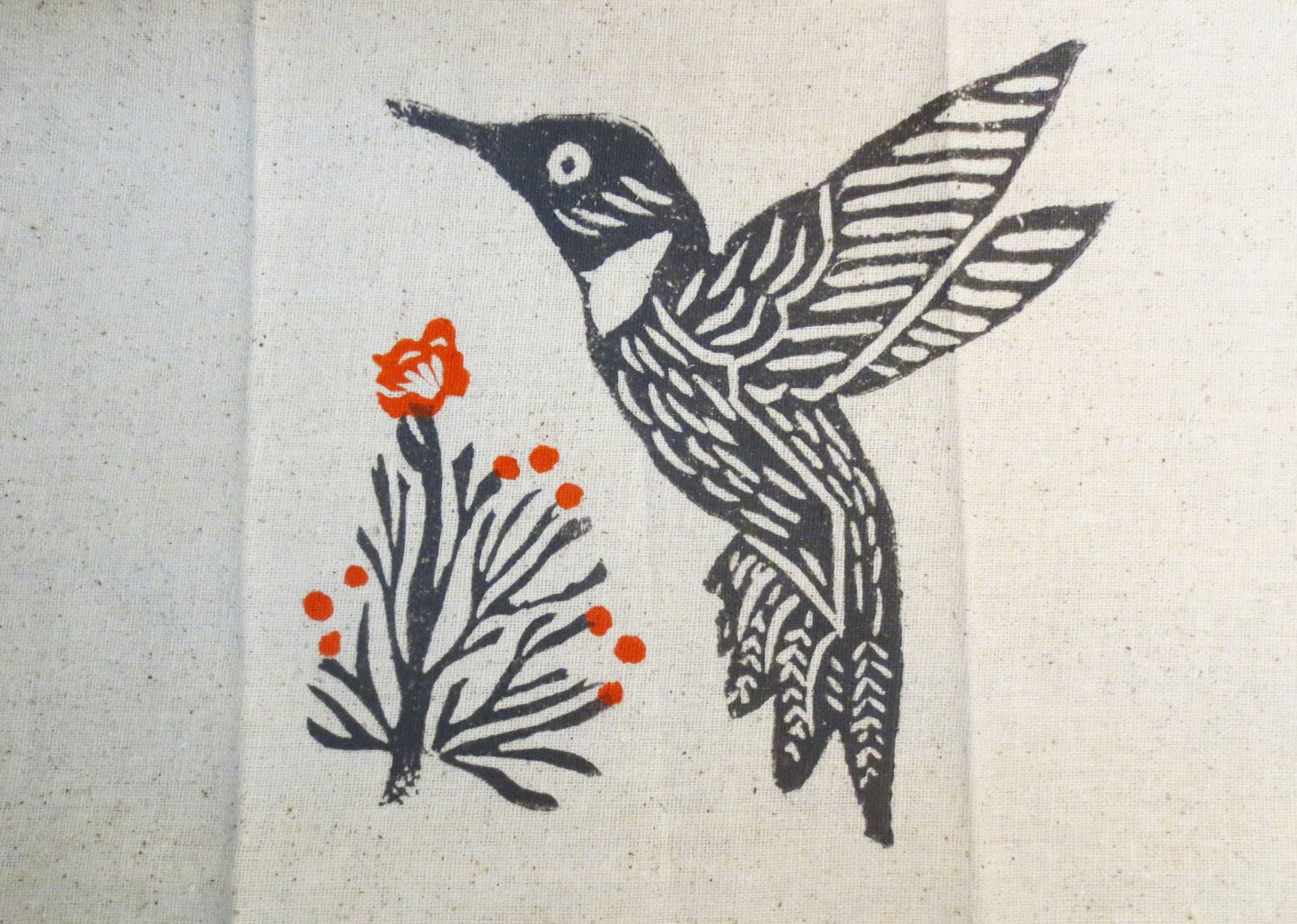 Hummingbird Tea Towel: Taupe Flax Cotton Hand Block Print