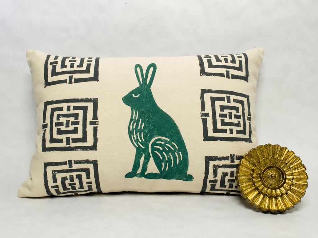 Mid Century Rabbit Pillow: Orange Hare Block Print