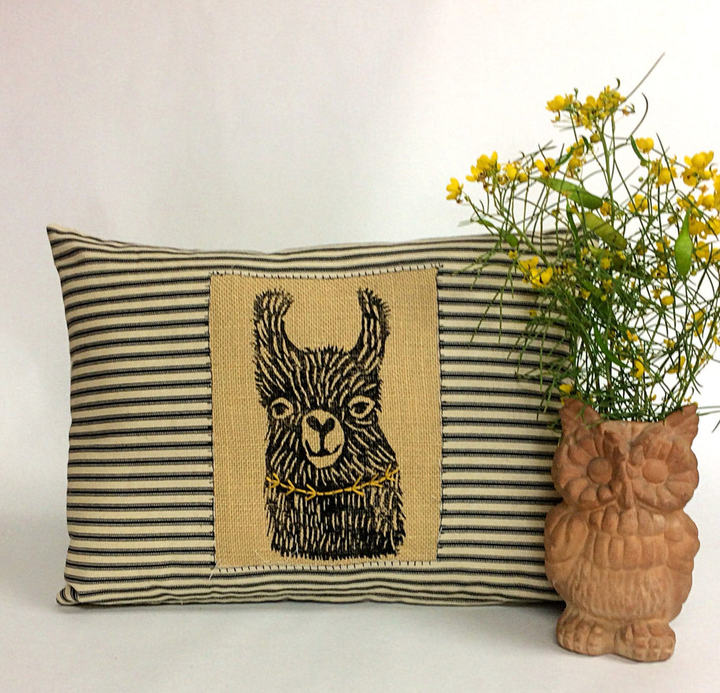 Hand Printed Llama Pillow: Striped Cotton Decorative Pillow