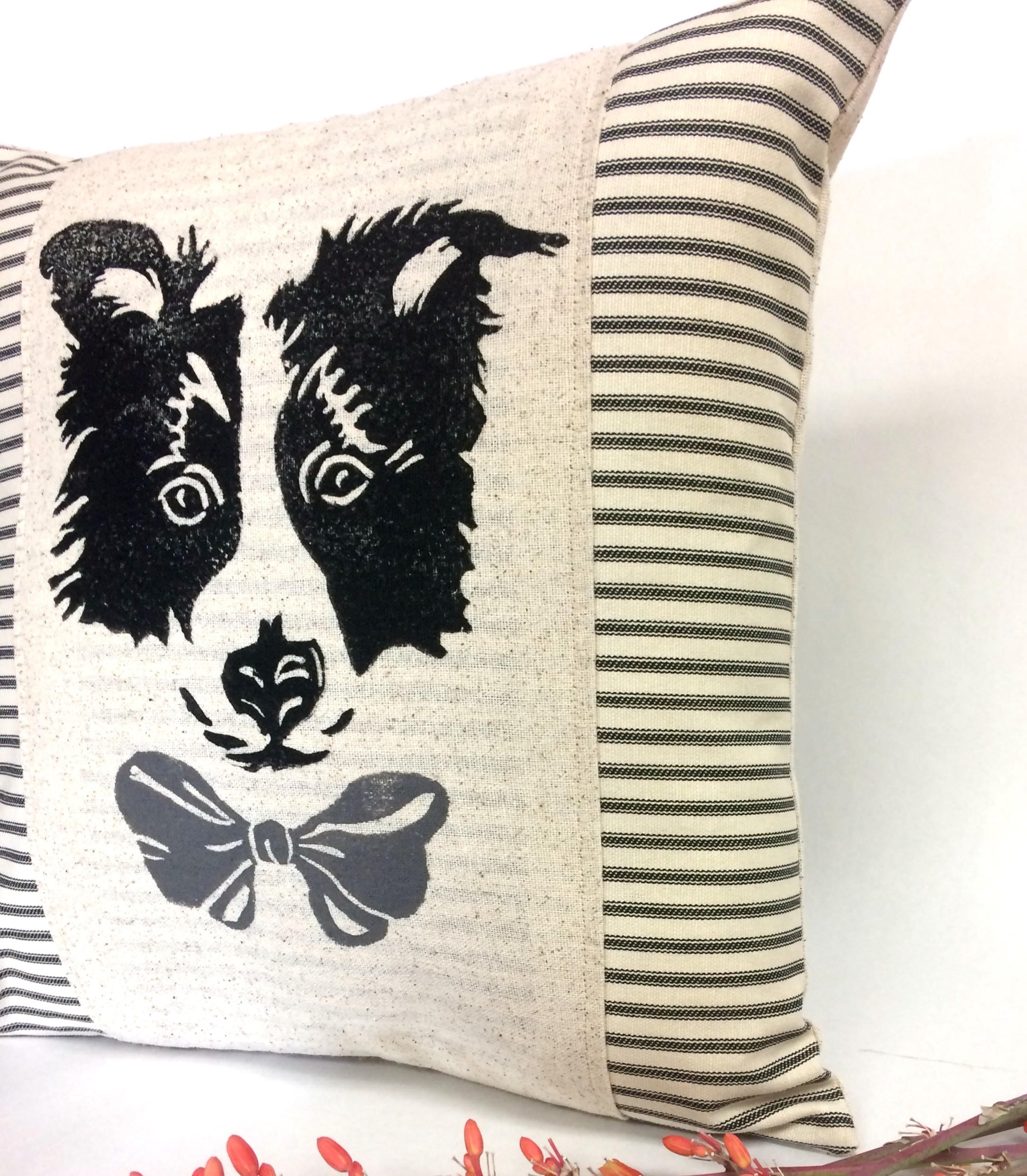 Border Collie Pillow Cover: Hand Block Print Dog Accent Pillow