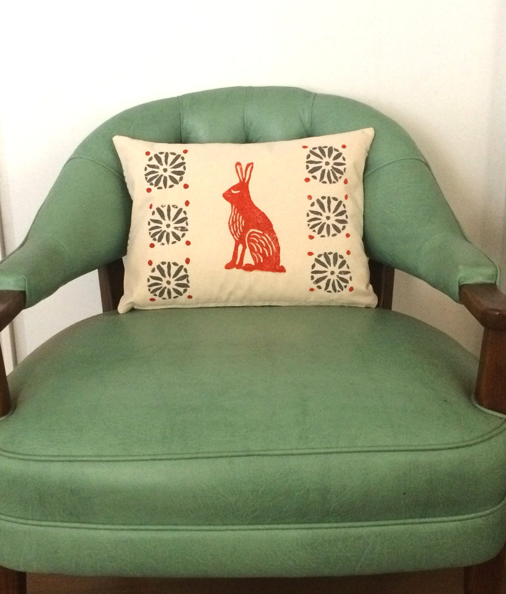 Orange Rabbit Print Kidney Pillow: Mid-Century Moroccan Decor