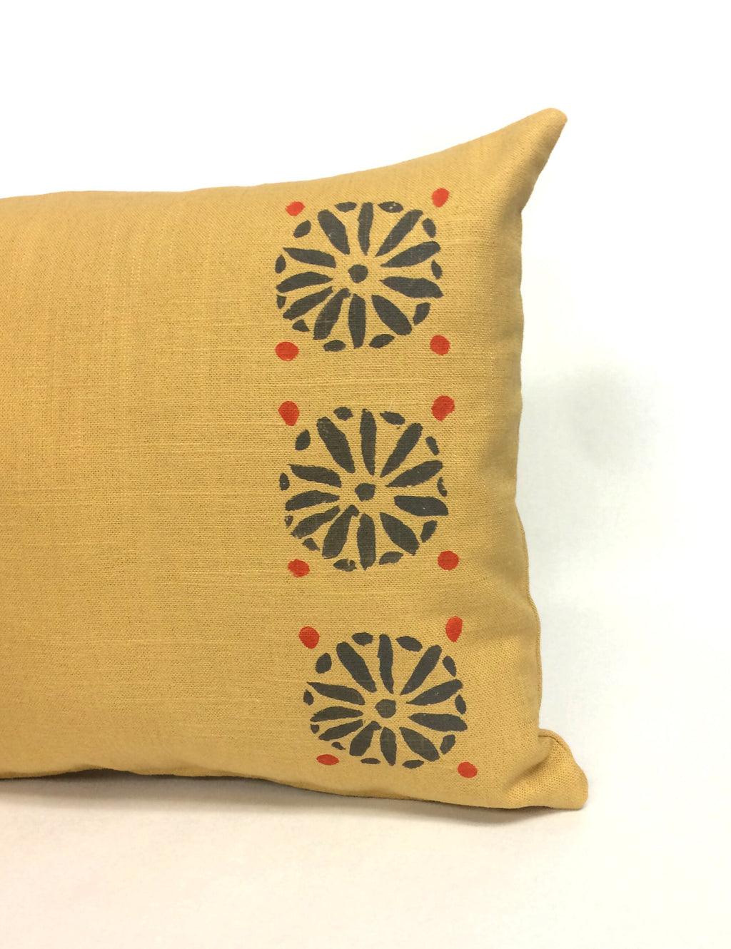 Hand Printed Linen Pillow: Mustard Geometric Block Print, Tuscan Style
